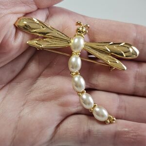 Gold Tone Dragonfly Brooch Accented With Faux Pearls